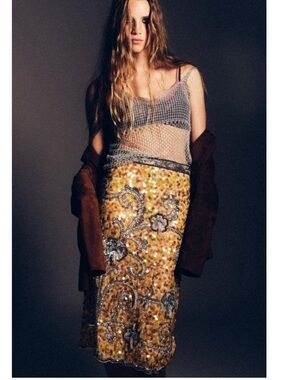 Embellished Yellow Sequin Midi Skirt
